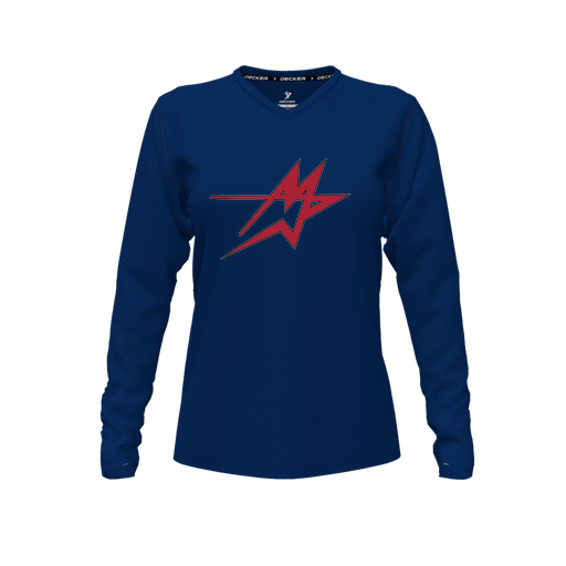 [CUS-DFW-TEES-CMF-VNK-LSL-NVY-FYXS-LOGO1] Comfort T-Shirt (Female Youth XS, Navy, V Neck, Logo 1, Long Sleeve)