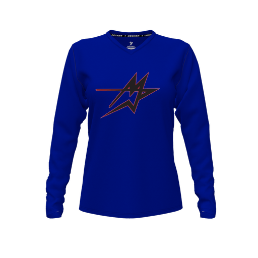 [FTLVPTRY-FYXS-LOGO2] Decker Performance T-Shirt (Female Youth XS, Royal, V Neck, Logo 2, Long Sleeve)