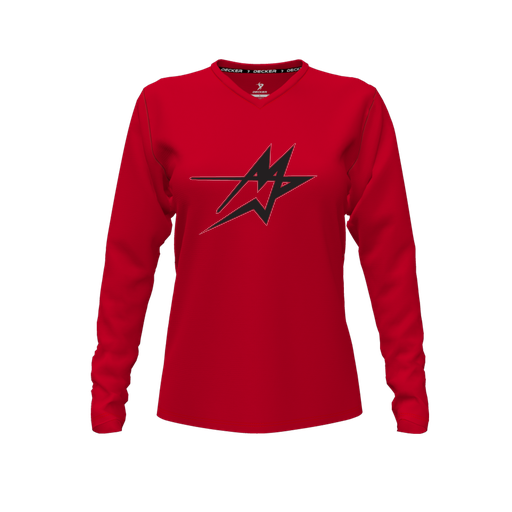 [CUS-DFW-TEES-PER-VNK-LSL-RED-FYXS-LOGO2] Performance T-Shirt (Female Youth XS, Red, V Neck, Logo 2, Long Sleeve)