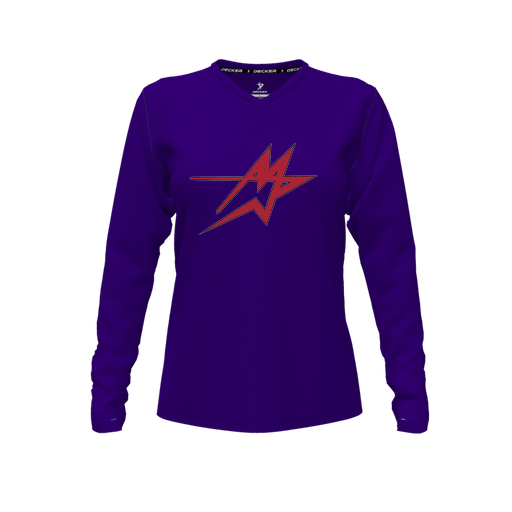 [CUS-DFW-TEES-PER-VNK-LSL-PUR-FYXS-LOGO1] Performance T-Shirt (Female Youth XS, Purple, V Neck, Logo 1, Long Sleeve)