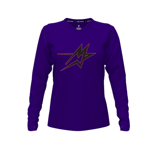 [CUS-DFW-TEES-PER-VNK-LSL-PUR-FYXS-LOGO2] Performance T-Shirt (Female Youth XS, Purple, V Neck, Logo 2, Long Sleeve)